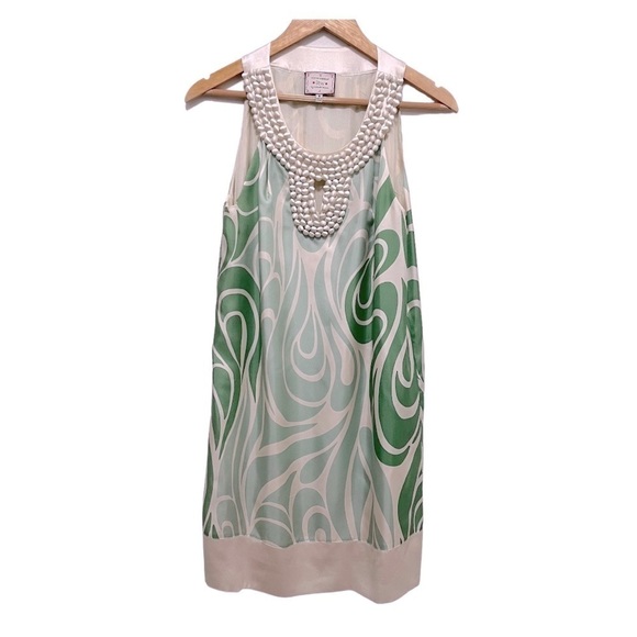VINTAGE 100% Silk Green Cream Mid Century Style Shift Dress Size 8 - Picture 1 of 11